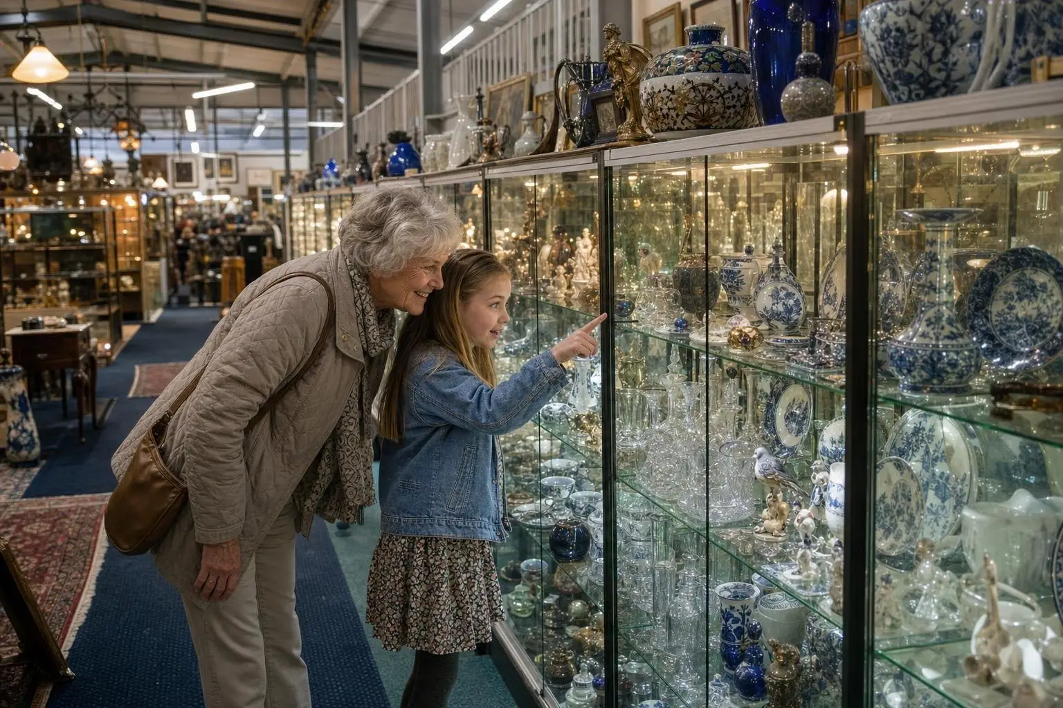 Oma en kleindochter snuffelen langs de vitrines